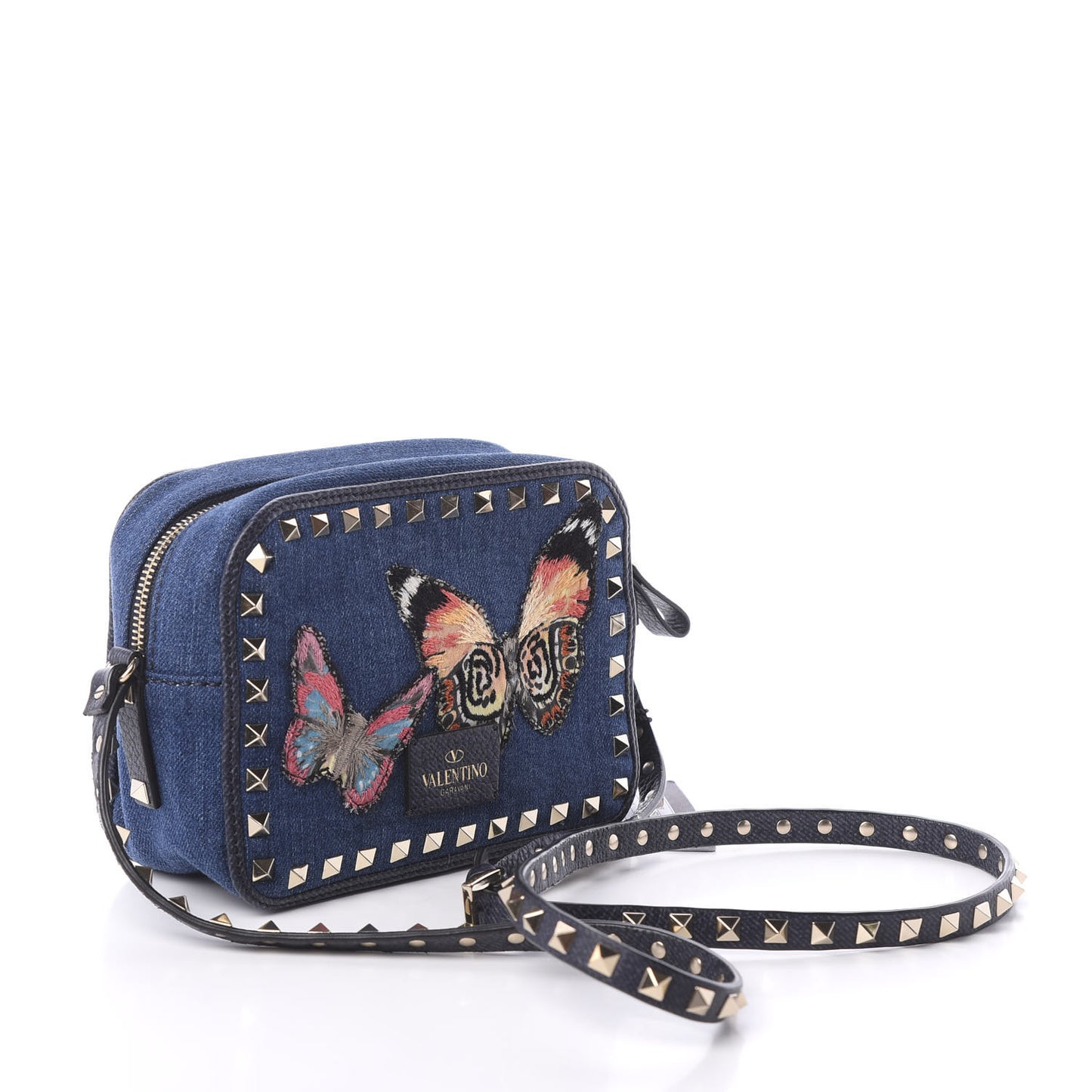 Denim Butterfly Embroidered Rockstud Camera Crossbody Bag Light Denim Multicolor