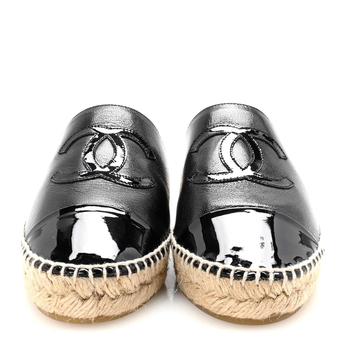 Iridescent Goatskin Patent CC Espadrille Mules 36 Black