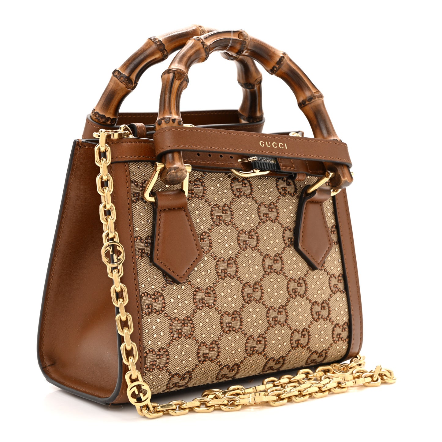New Canvas Charisma Calfskin Crystal GG Monogram Mini Diana Tote Bag Camel Ebony