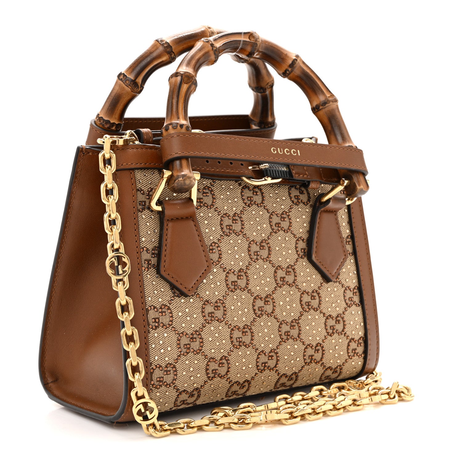 Gucci New Canvas Charisma Calfskin Crystal GG Monogram Mini Diana Tote Bag Camel Ebony 3 of 14