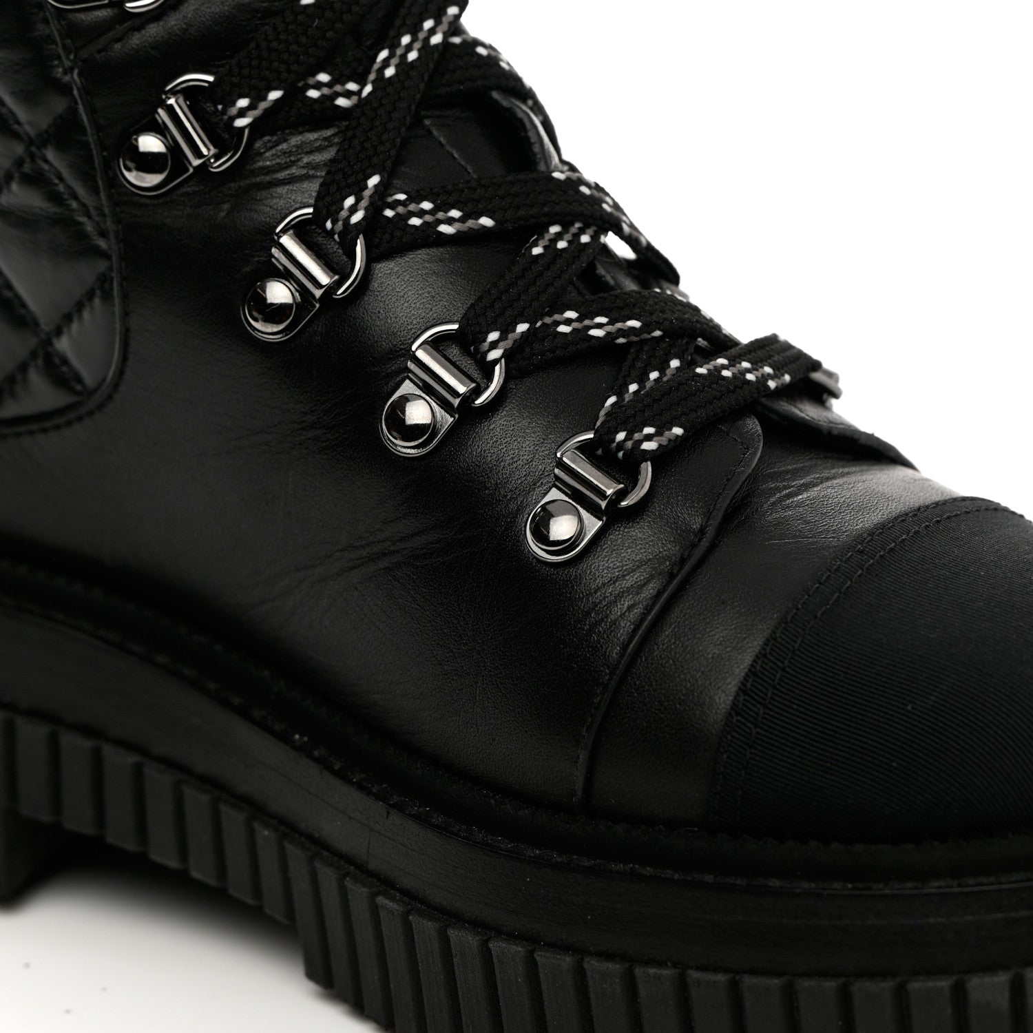 Chanel Calfskin Grosgrain Quilted Lace Up Boots 37 Black Grey 12 of 19