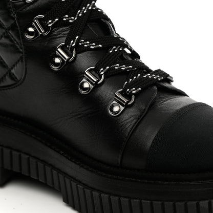 Chanel Calfskin Grosgrain Quilted Lace Up Boots 37 Black Grey 12 of 19