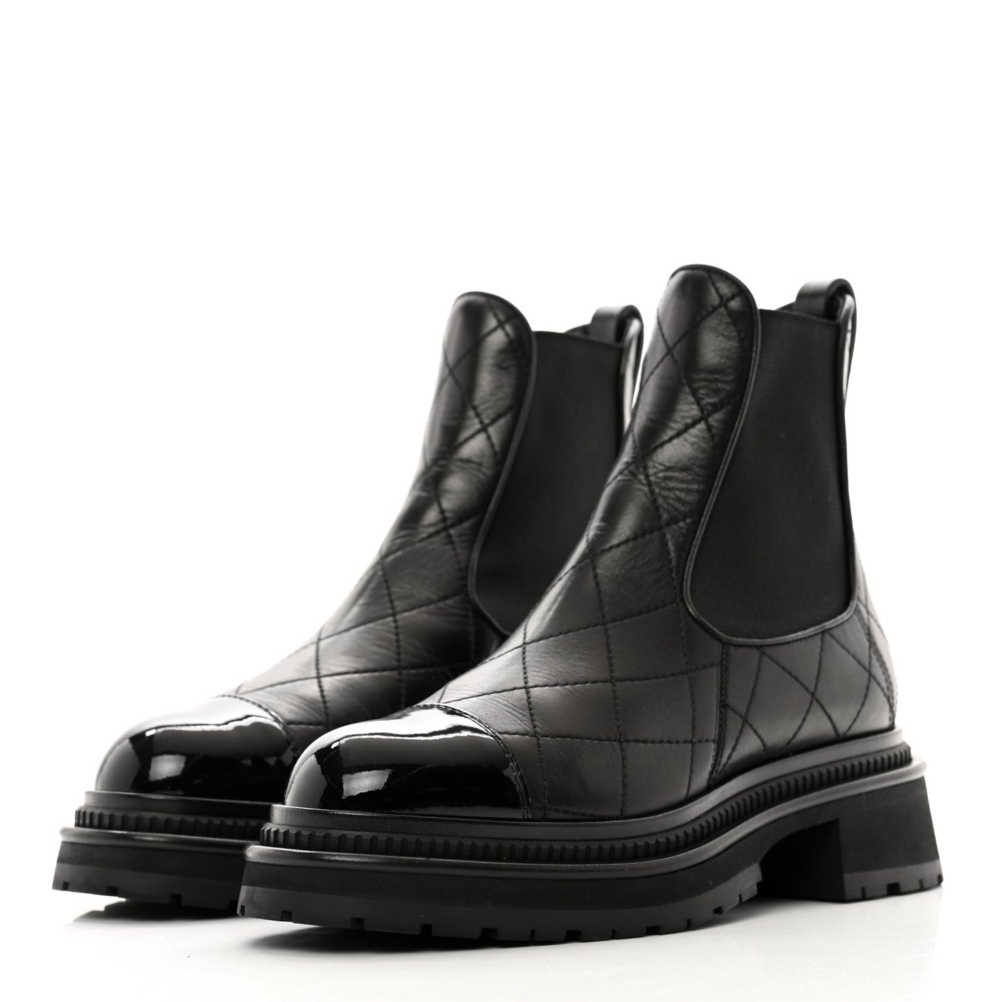 Calfskin Patent Cap Toe Quilted Short Boots 36.5 Black