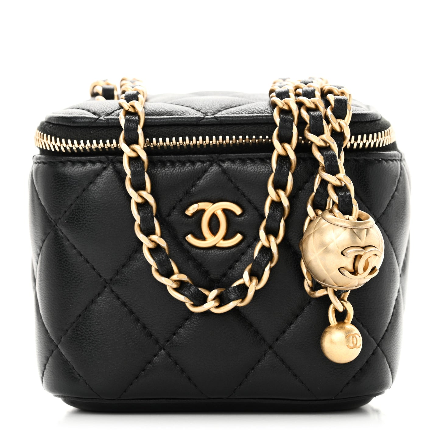 Lambskin Quilted Mini Pearl Crush Vanity Case With Chain Black