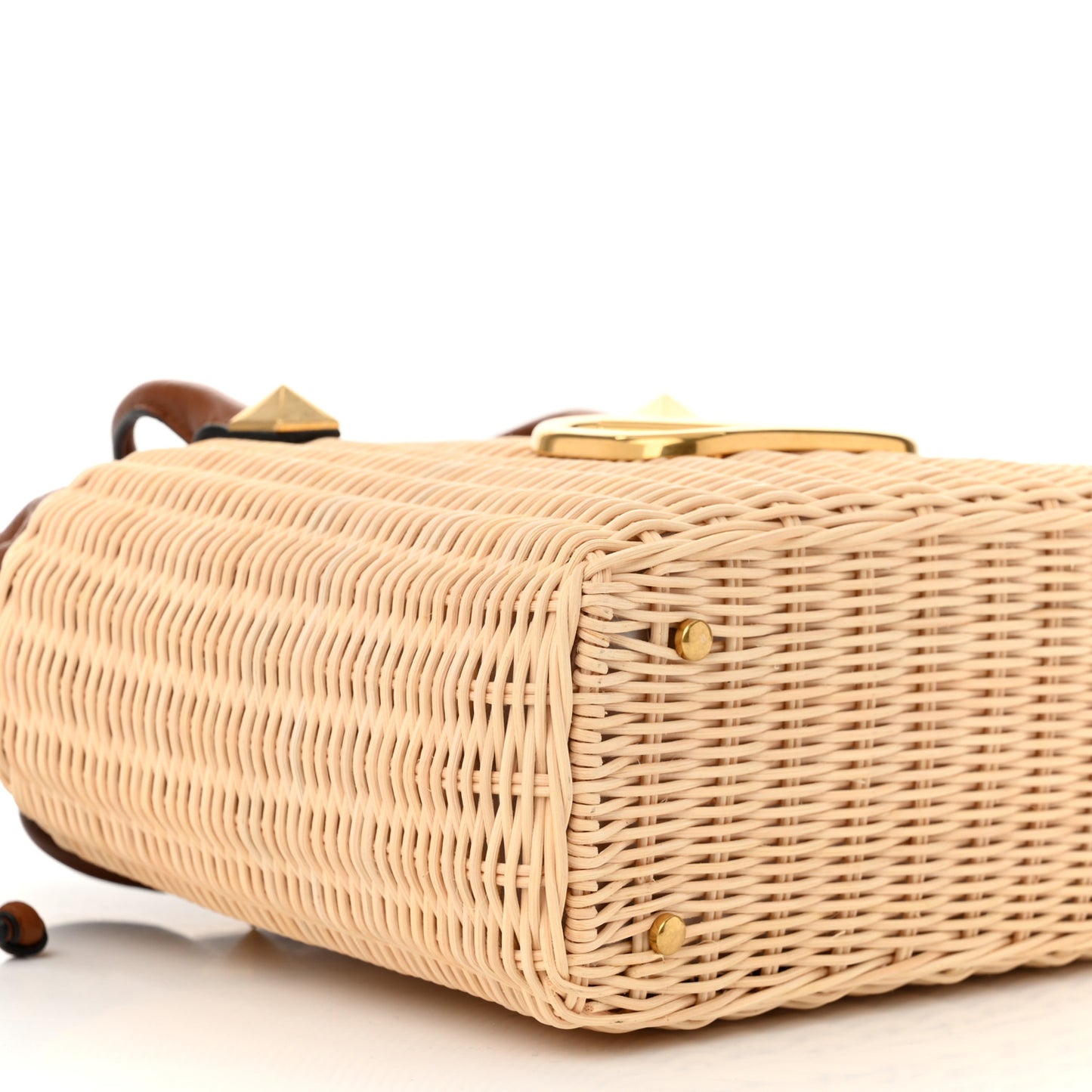 Wicker Vlogo Calfskin Top Handle Bag Natural Saddle Brown