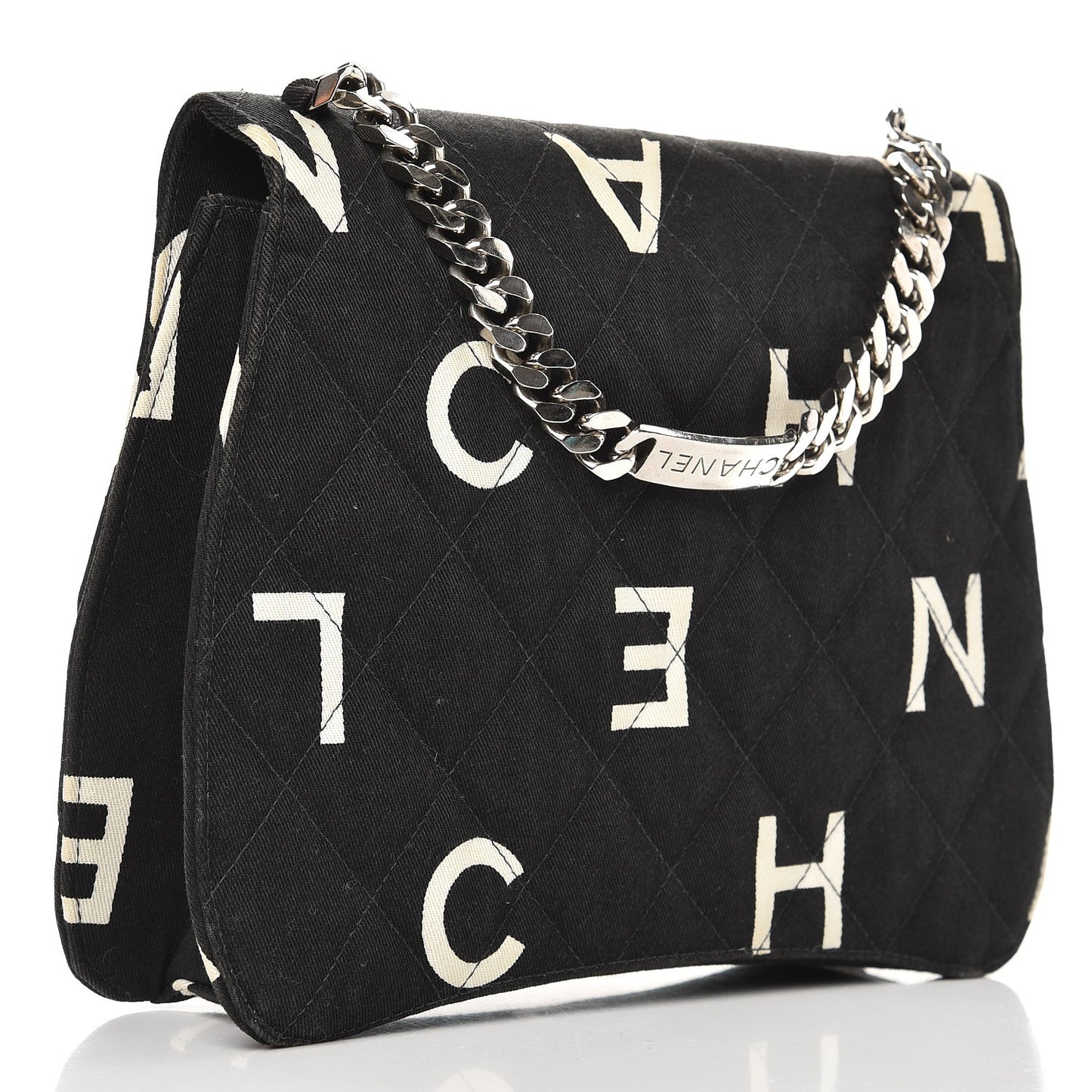 Canvas Quilted Letter Printed Flap Black