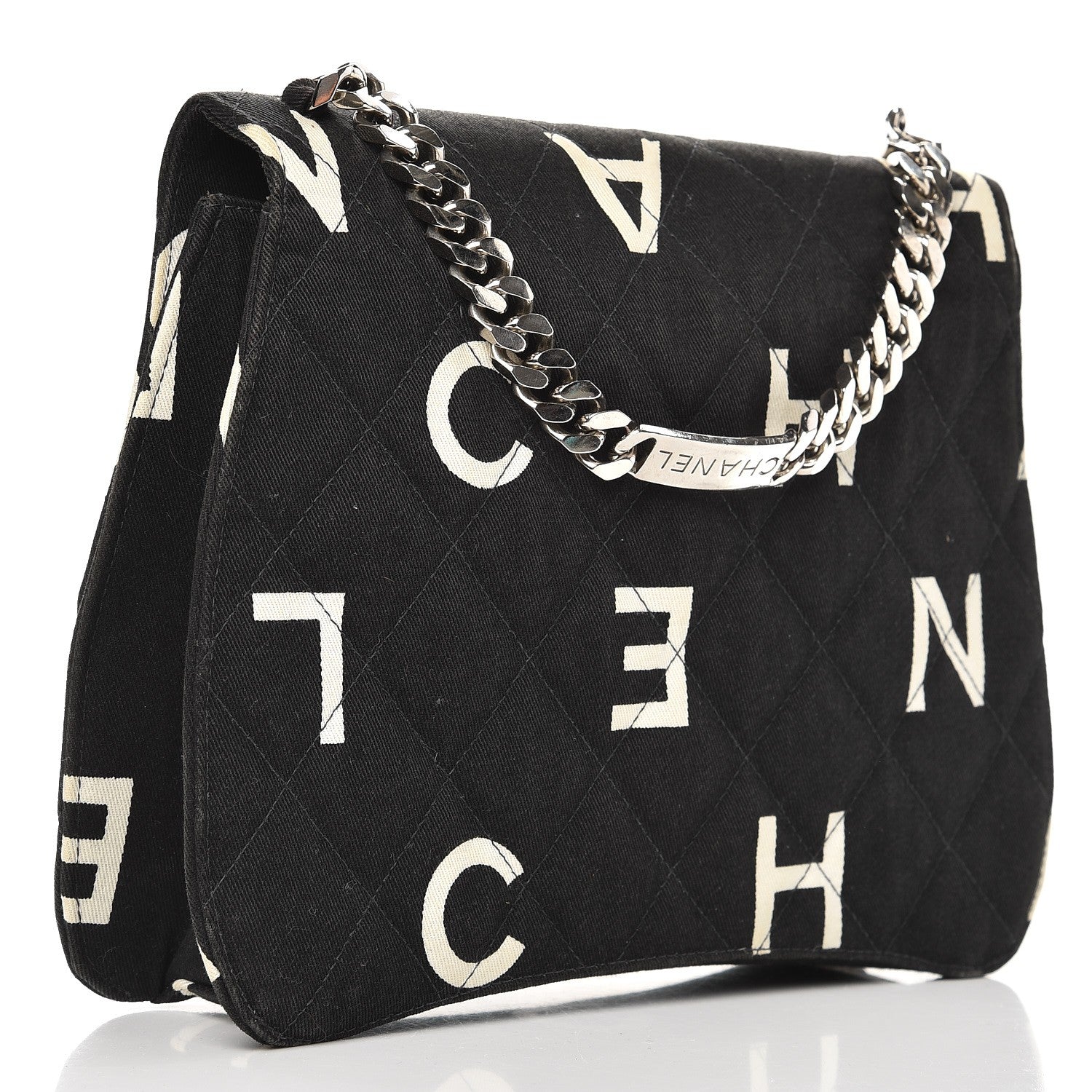 Chanel Canvas Quilted Letter Printed Flap Black 3 of 11