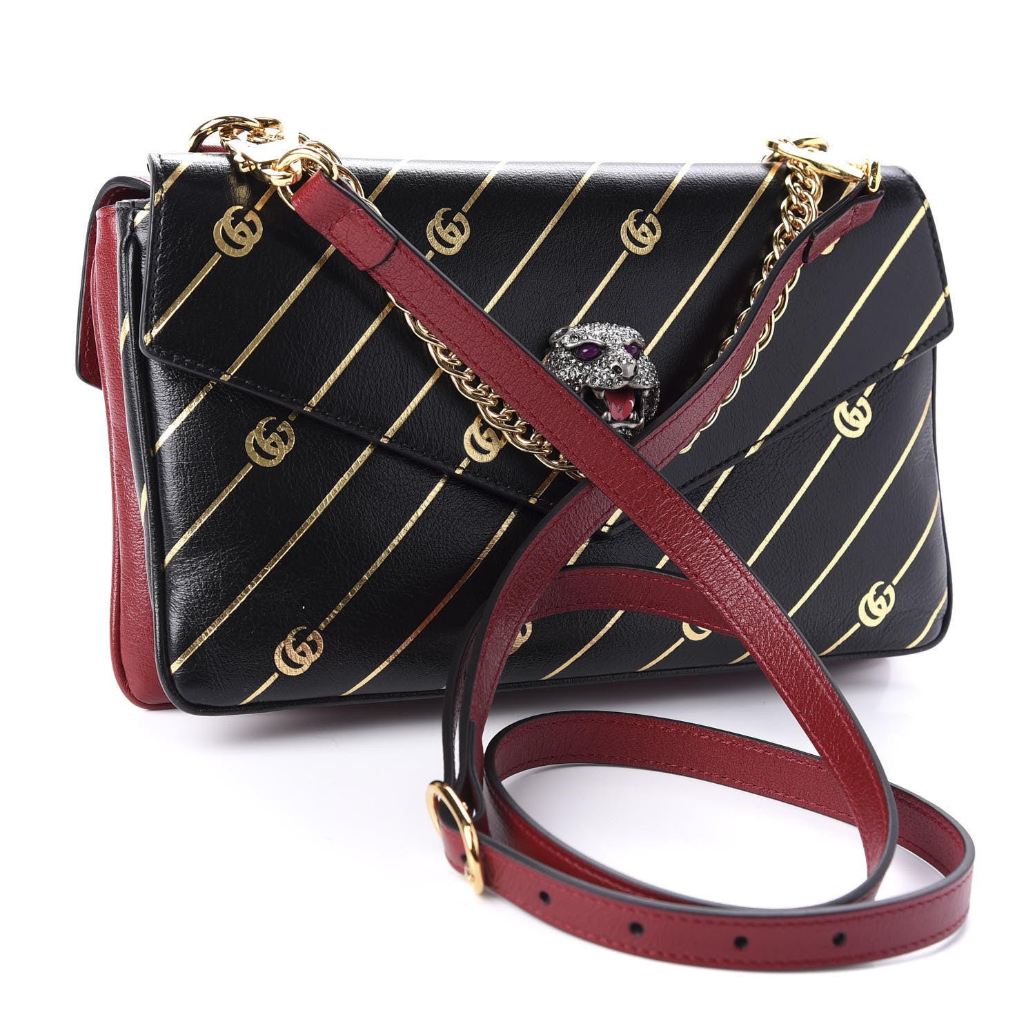 Gucci Calfskin Diagonal GG Medium Thiara Double Envelope Shoulder Bag Black Red 3 of 11