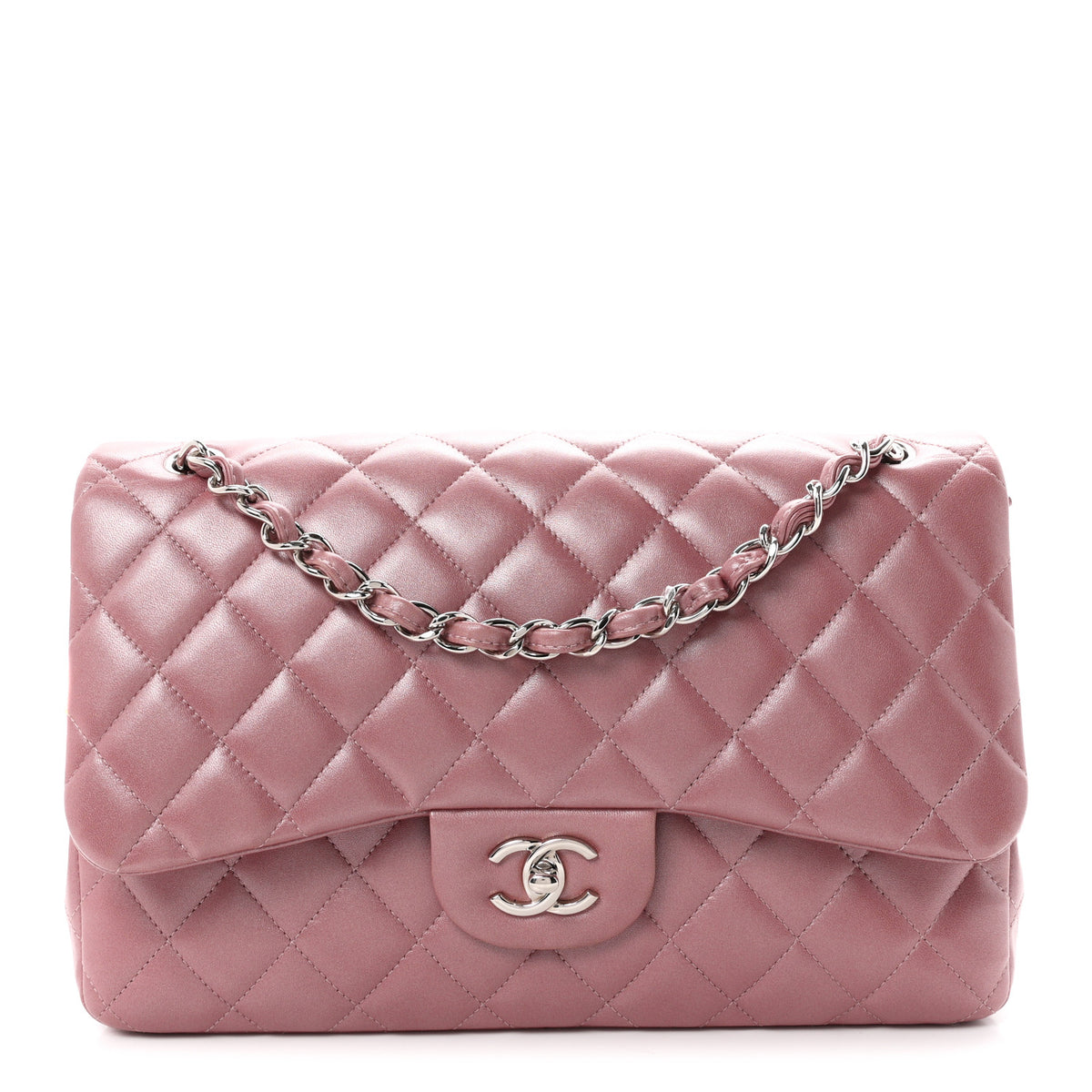 Iridescent Lambskin Quilted Jumbo Double Flap Light Purple
