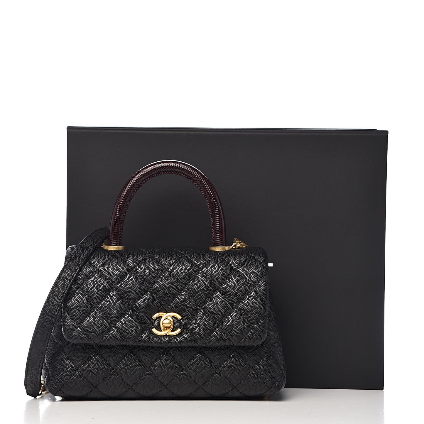 Caviar Lizard Embossed Quilted Mini Coco Handle Flap Black