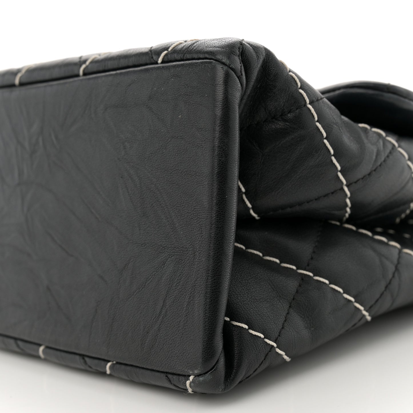 Aged Calfskin Chevron Stitched Quilted Flap Black