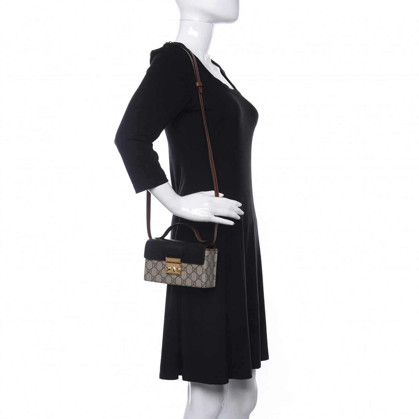 GG Supreme Monogram Calfskin Mini Padlock Top Handle Shoulder Bag Beige Black Cuir