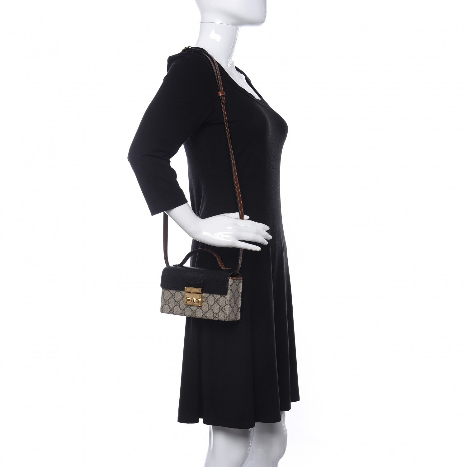 Gucci GG Supreme Monogram Calfskin Mini Padlock Top Handle Shoulder Bag Beige Black Cuir 2 of 10