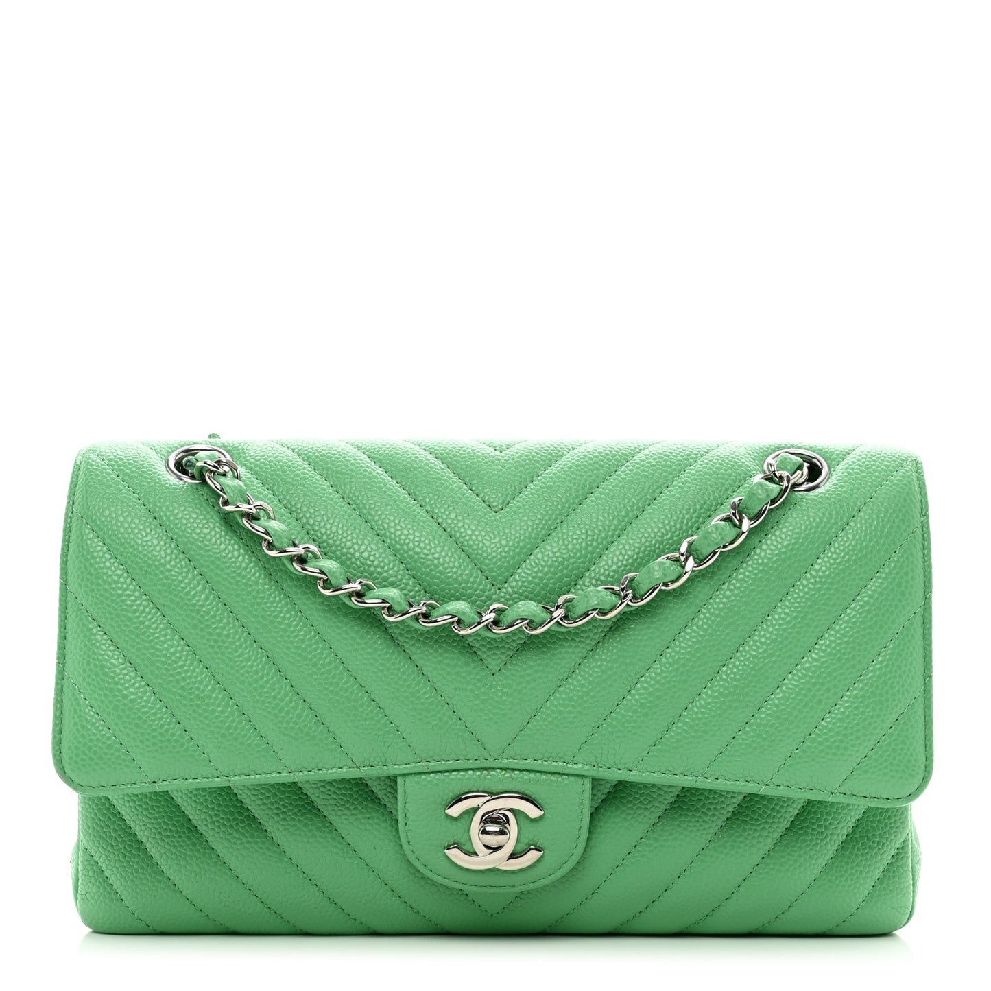 Caviar Chevron Quilted Medium Double Flap Green