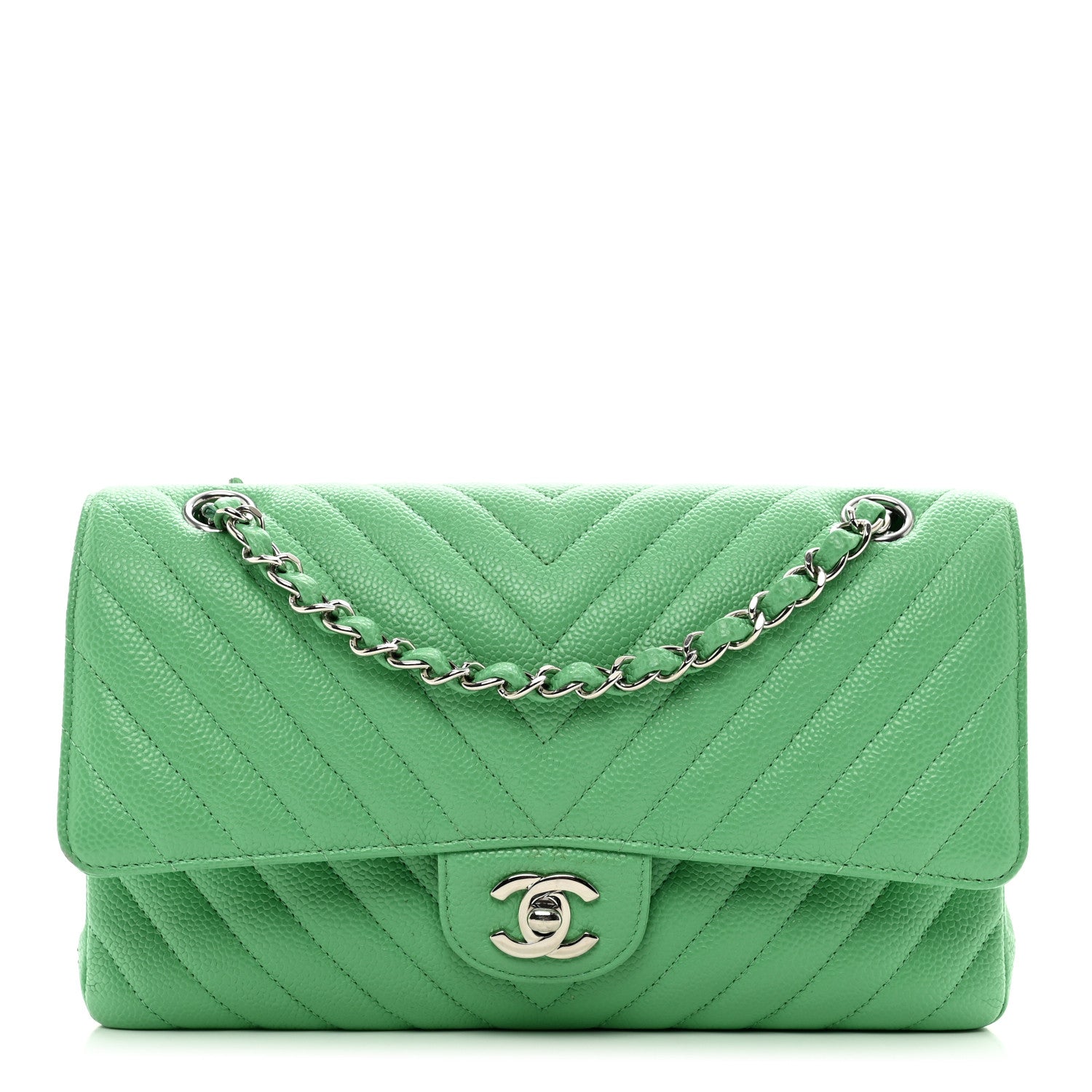 Chanel Caviar Chevron Quilted Medium Double Flap Green 1 of 12
