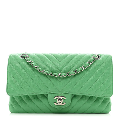 Chanel Caviar Chevron Quilted Medium Double Flap Green 1 of 12