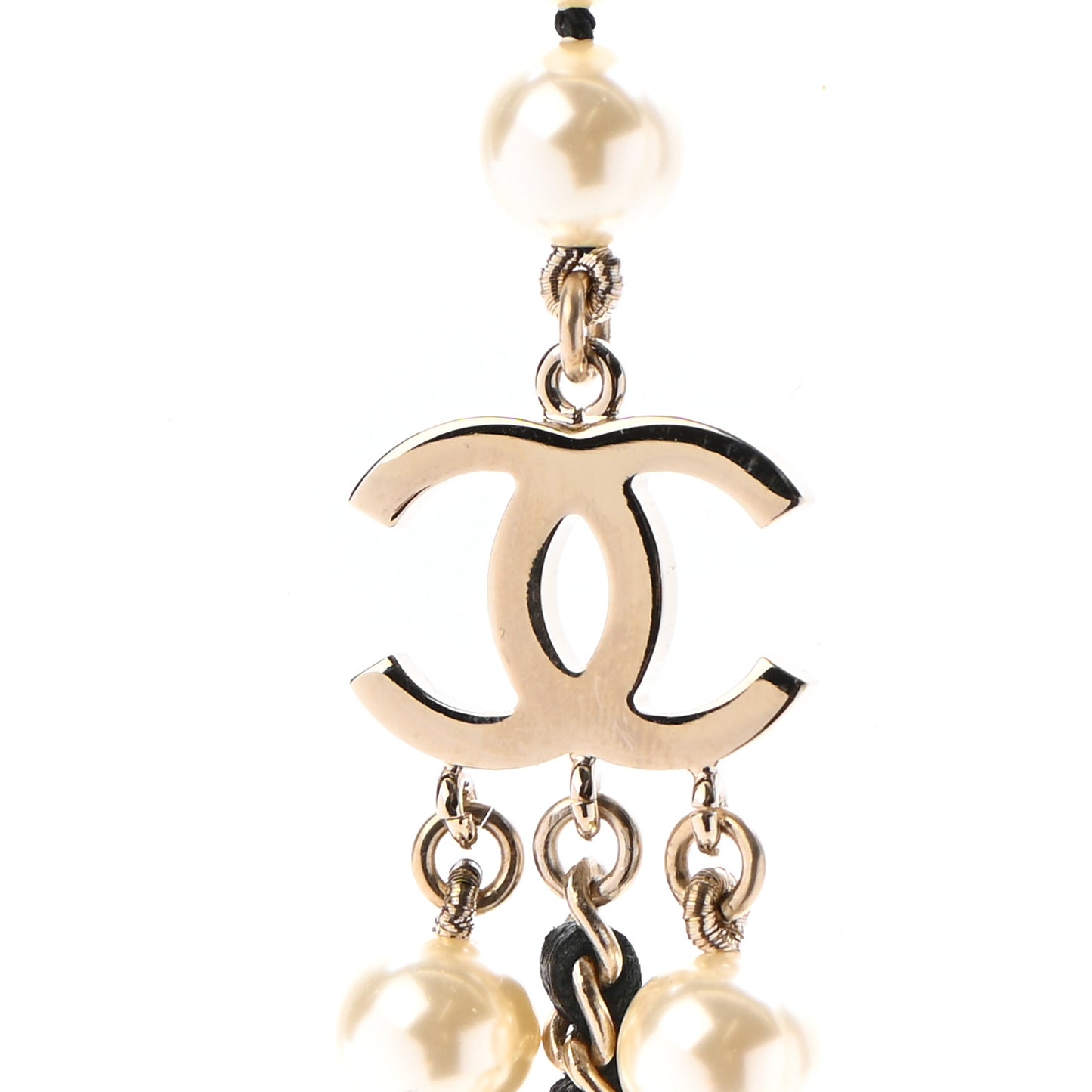 Lambskin Pearl Crystal CC Chain Necklace Black Gold