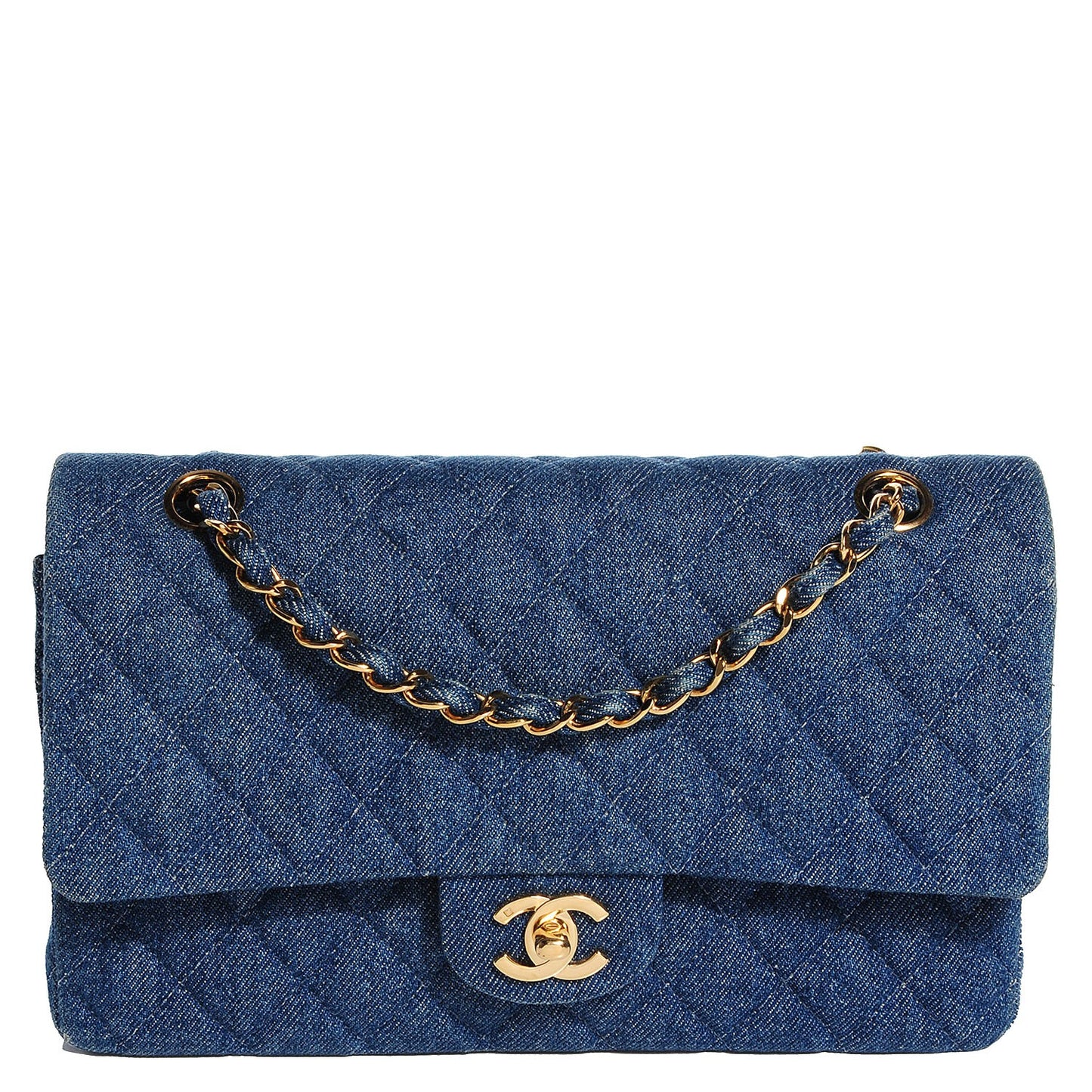Denim Quilted Medium Double Flap Navy Blue