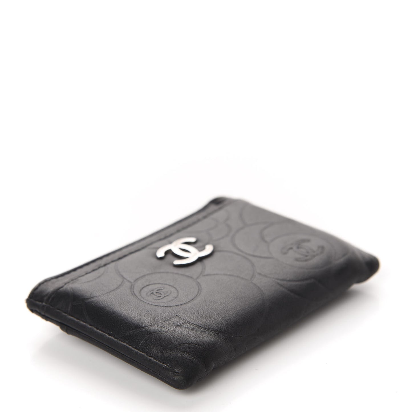 Lambskin Camellia Embossed Card Holder Black