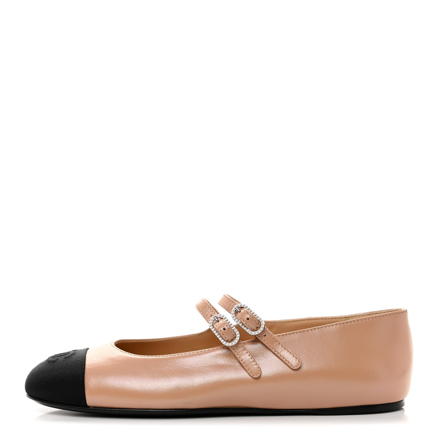 Chanel Lambskin Grosgrain Pearl Mary Jane Flats 37.5 Beige Black 1 of 9