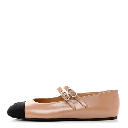 Chanel Lambskin Grosgrain Pearl Mary Jane Flats 37.5 Beige Black 1 of 9