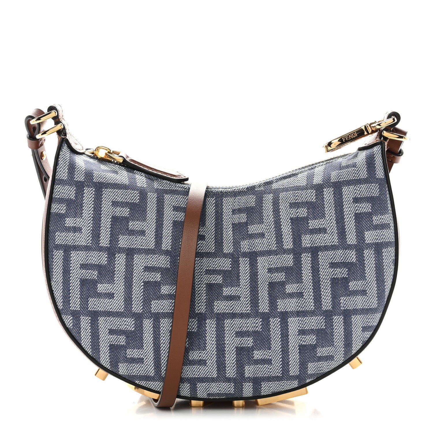 Fendi Denim Vitello King F is Fendi FF Embroidered Mini Fendigraphy Hobo Bag Blue Brown Blue Brown 3 of 11