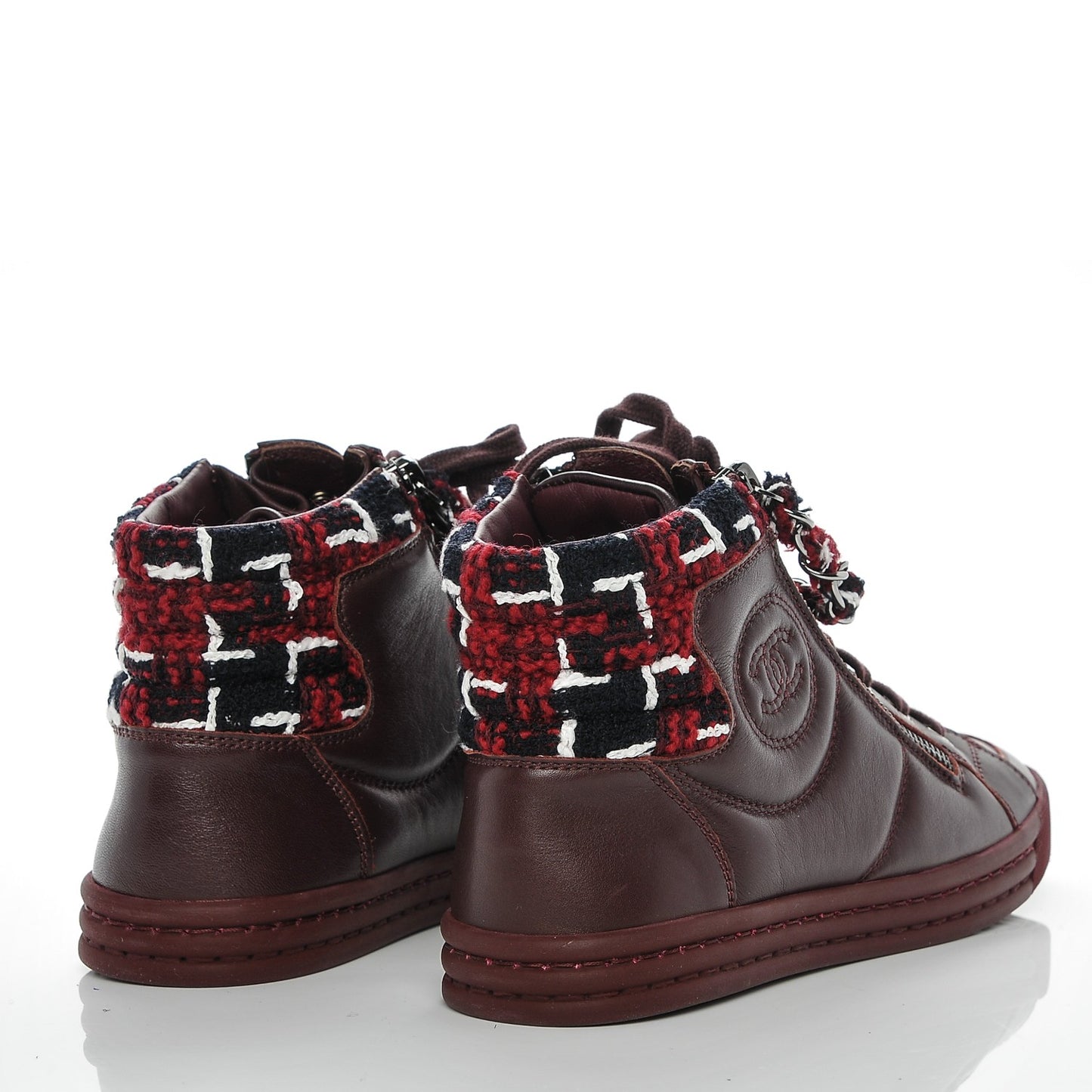 Lambskin Tweed Chain CC Sneakers 35 Burgundy Navy White