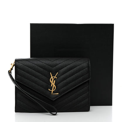 Saint Laurent Grain De Poudre Matelasse Chevron Monogram Envelope Clutch Black 8 of 8