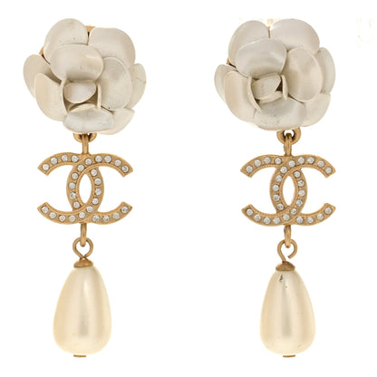Chanel Metal Crystal Pearl 90s Camellia CC Drop Earrings Gold 1 of 5