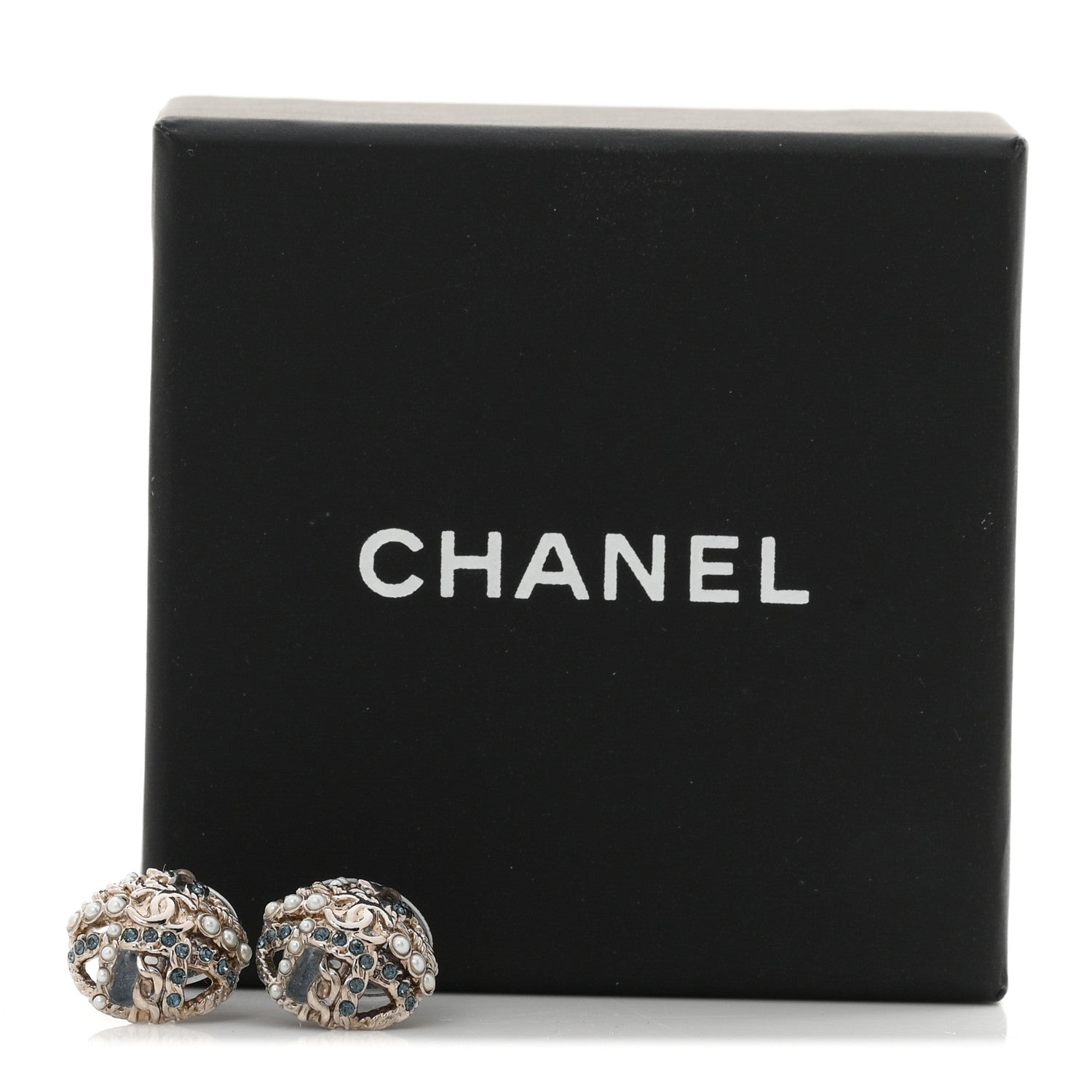 Chanel Crystal Pearl CC Round Earrings Silver Blue 5 of 5