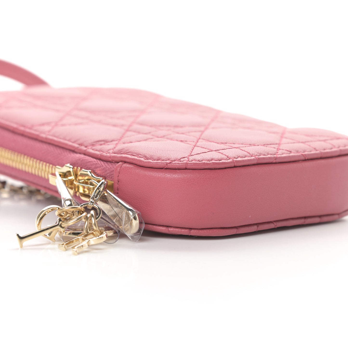Lambskin Cannage Lady Dior Phone Holder Strawberry Pink