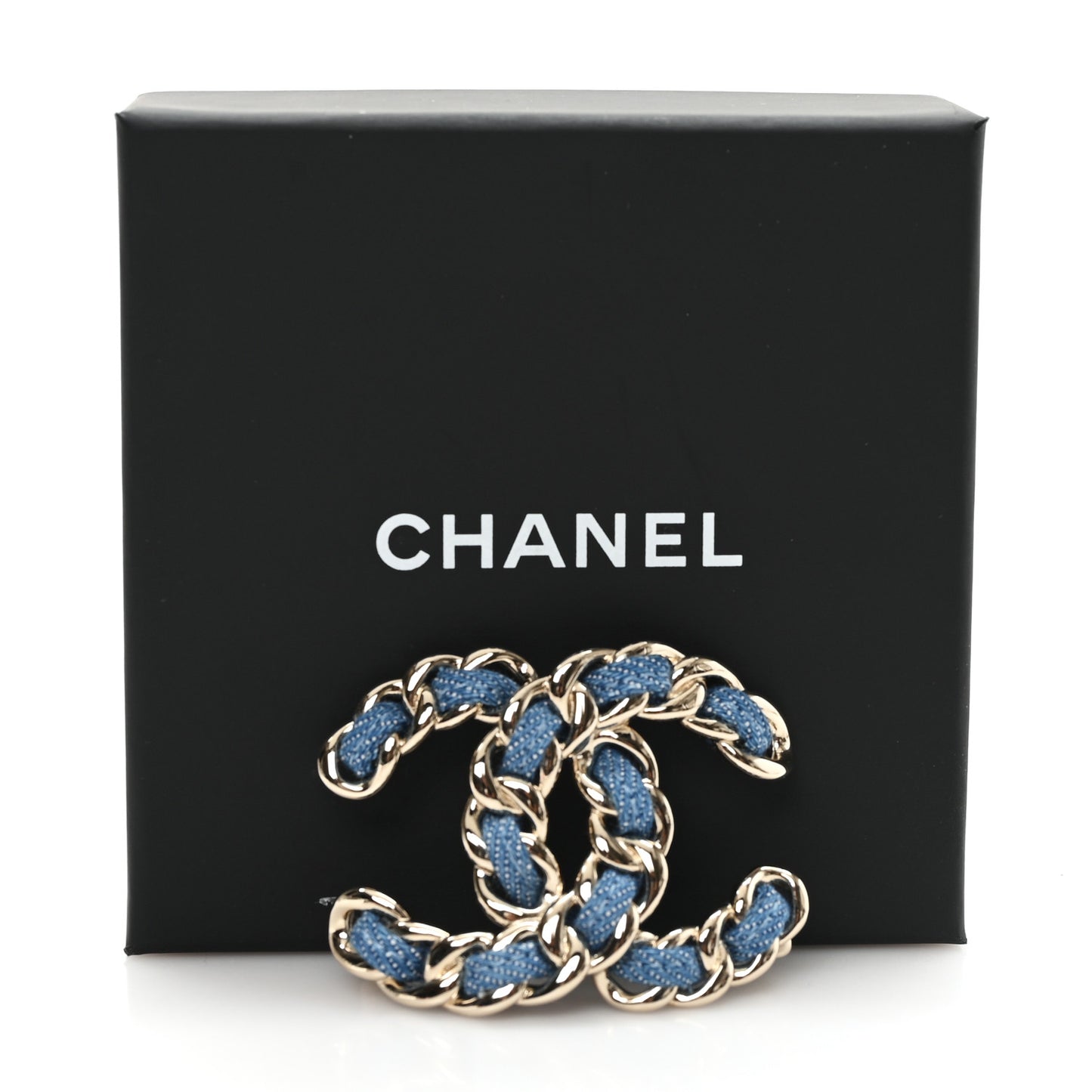 Metal Denim Braided CC Brooch Blue Gold