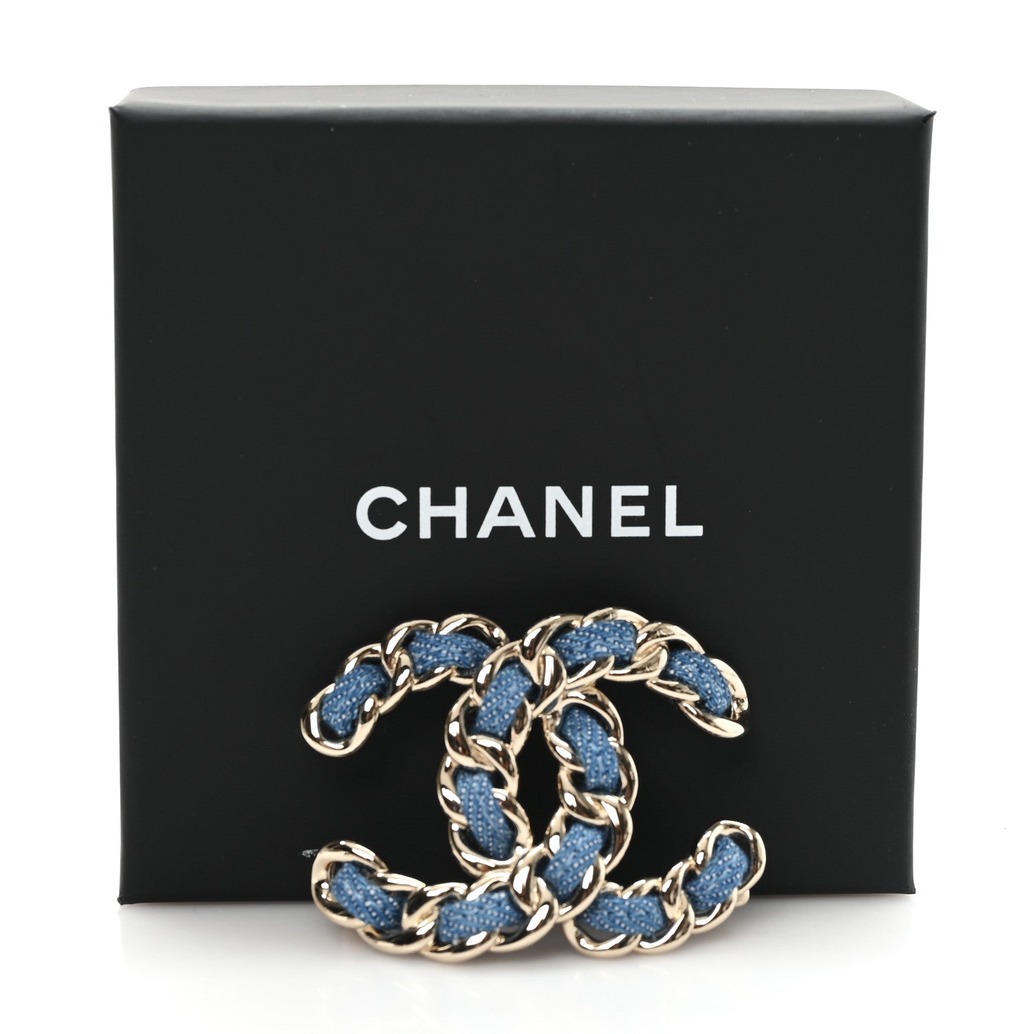 Chanel Metal Denim Braided CC Brooch Blue Gold 4 of 4
