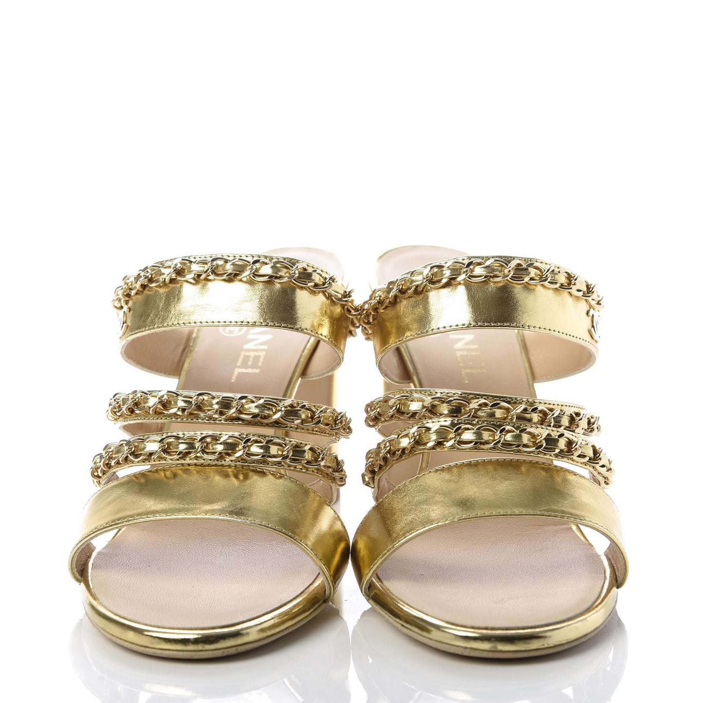 Laminated Lambskin Chain CC Mule Sandals 39 Gold