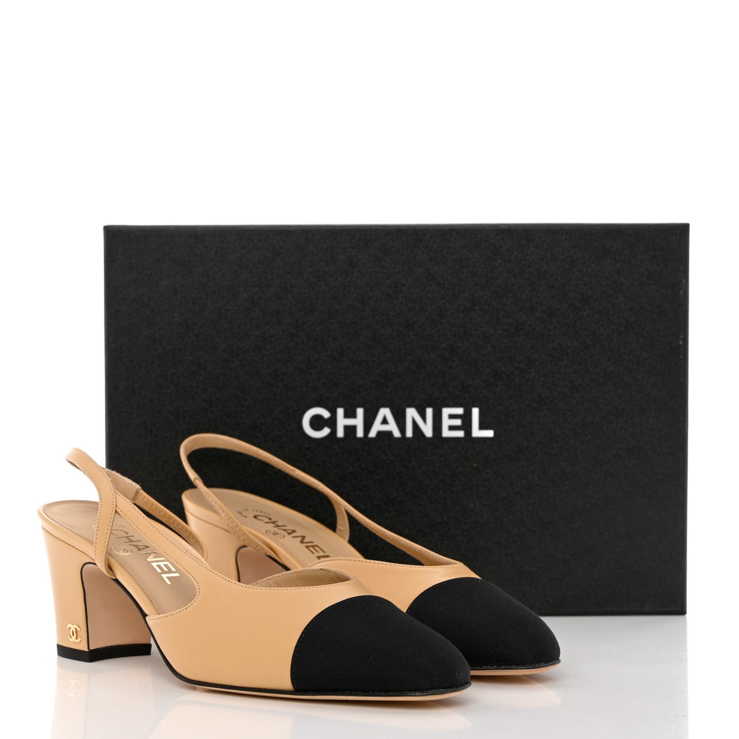 Goatskin Grosgrain Cap Toe CC Slingback Pumps 38 Beige Black