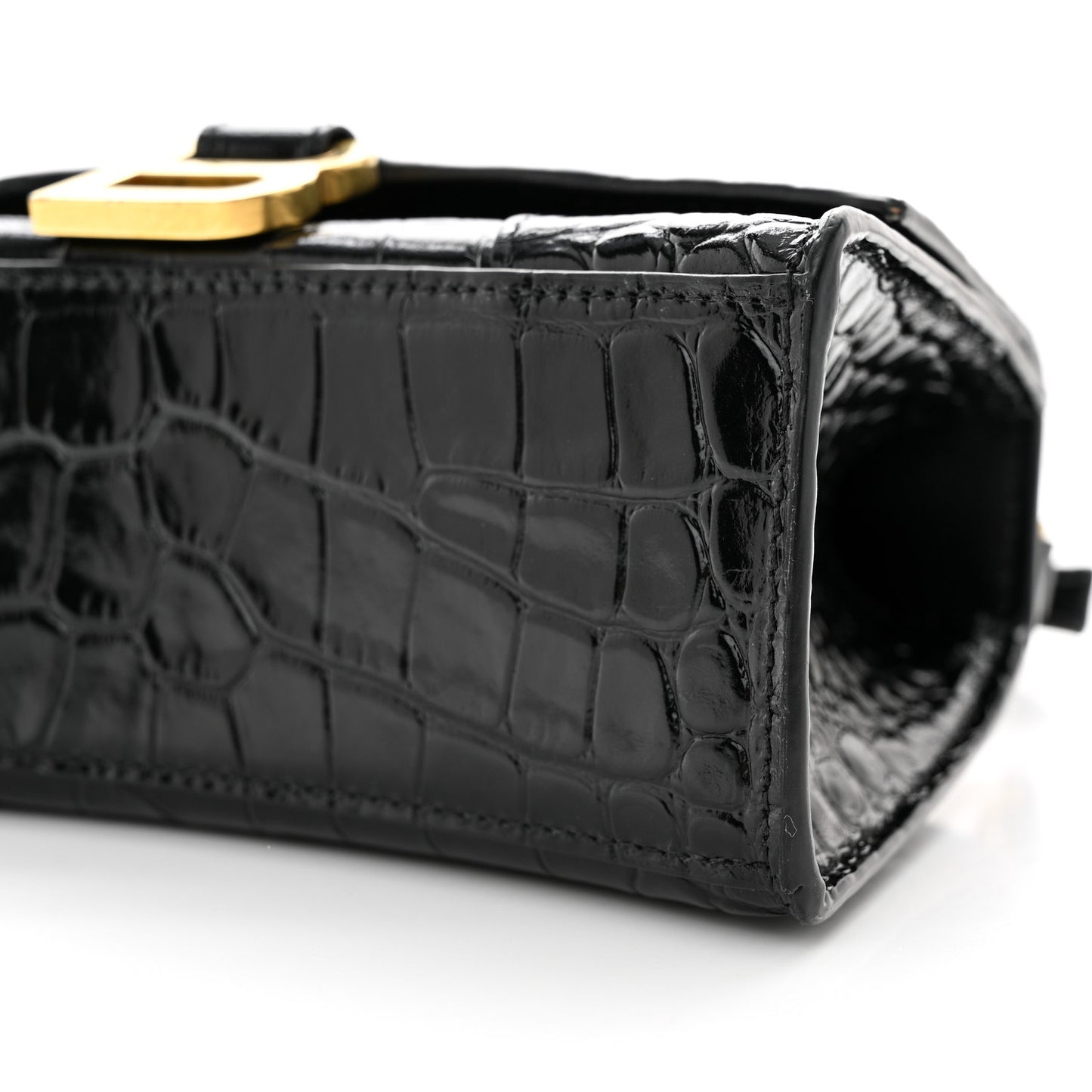 Shiny Calfskin Crocodile Embossed Hourglass Top Handle Bag XS Black