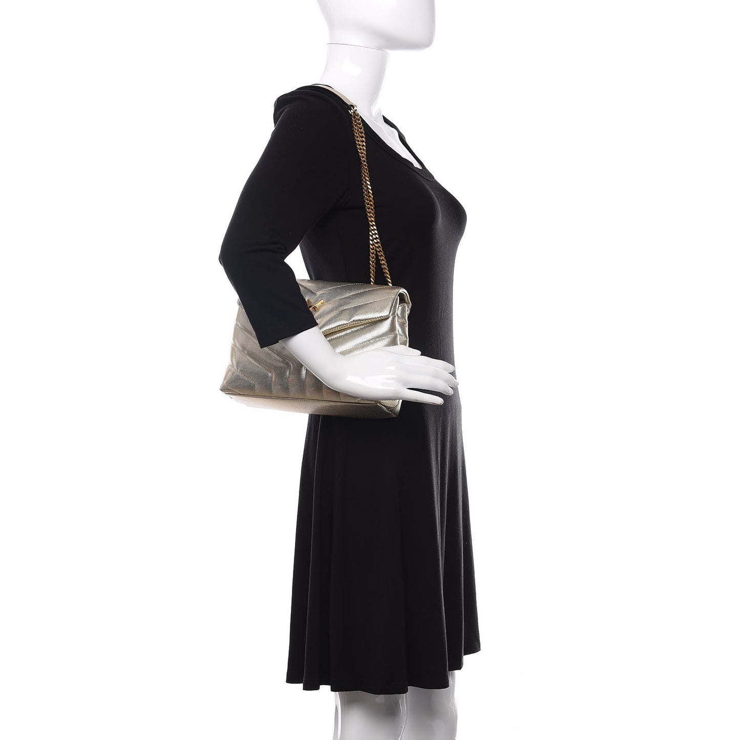 Metallic Calfskin Y Quilted Small Loulou Monogram Chain Satchel Platino