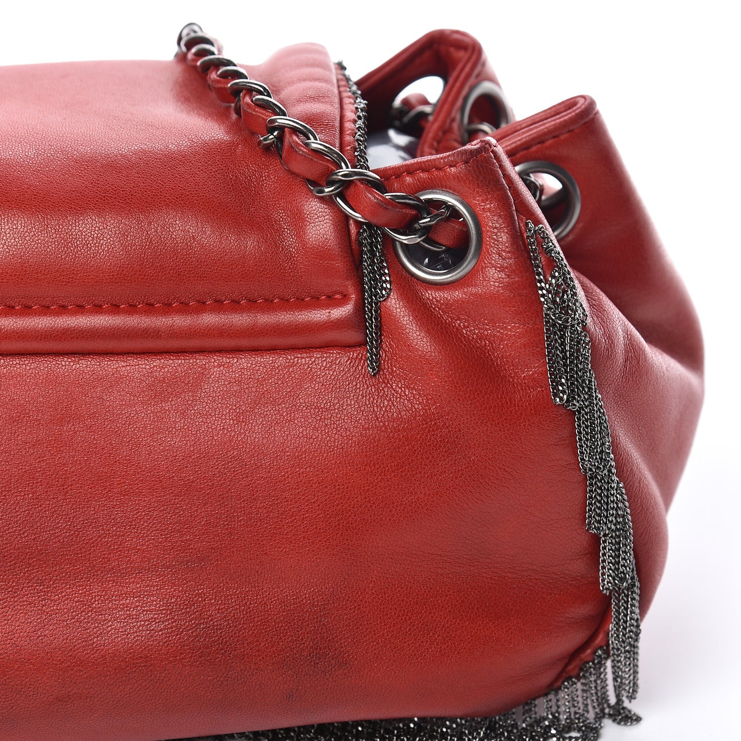 Lambskin Rock And Cabaret Chain Fringe Accordion Flap Red
