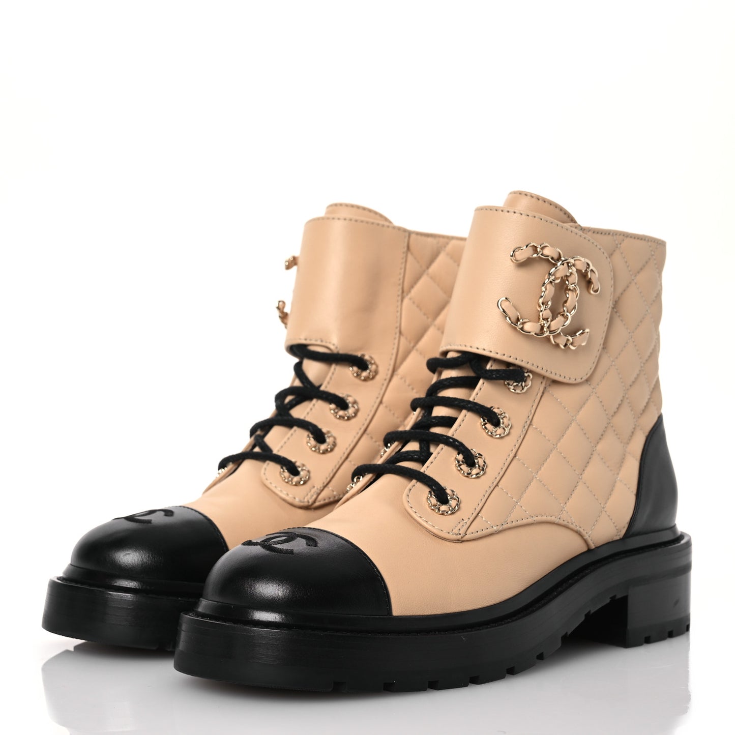 Lambskin Calfskin Quilted Lace Up Combat Boots 37 Beige Black