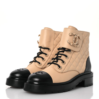 Chanel Lambskin Calfskin Quilted Lace Up Combat Boots 37 Beige Black 3 of 10