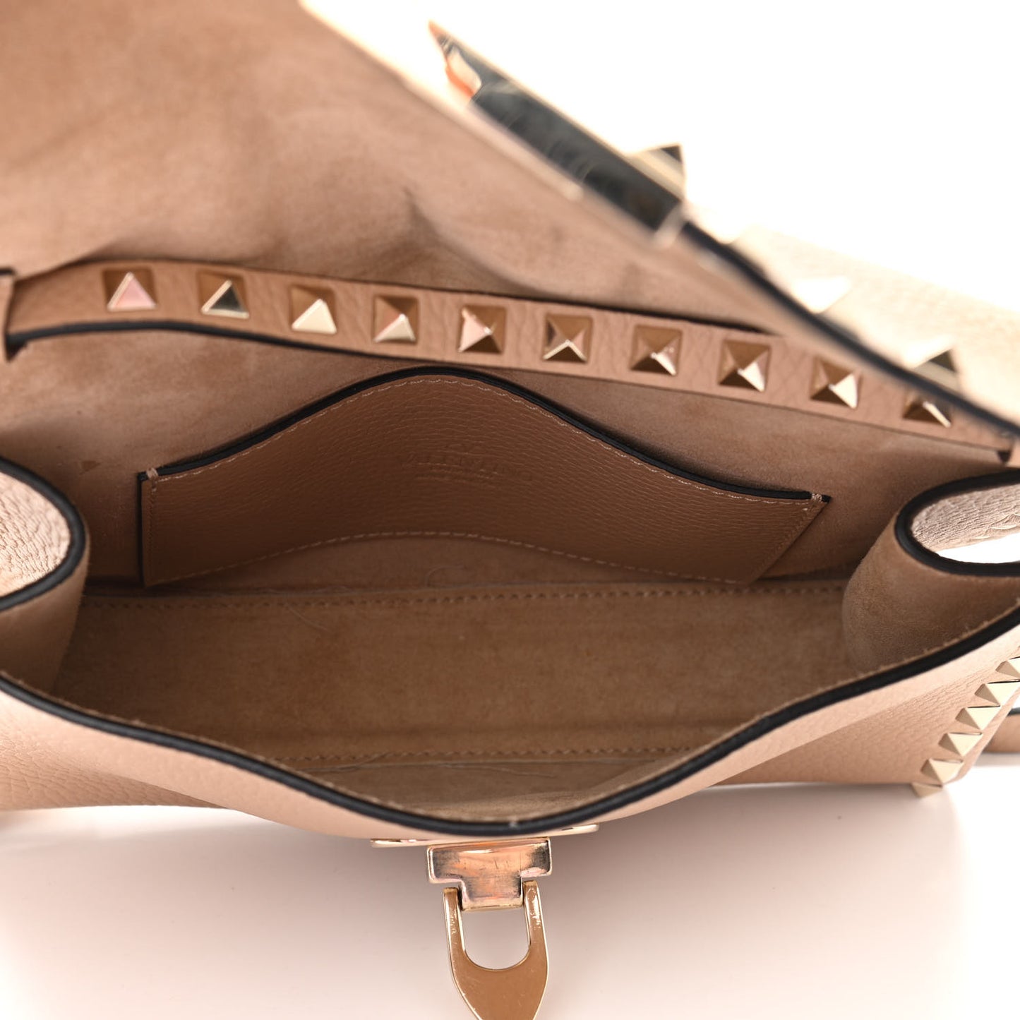 Pebbled Calfskin Medium Rockstud Flip Lock Crossbody Bag Camel Rose