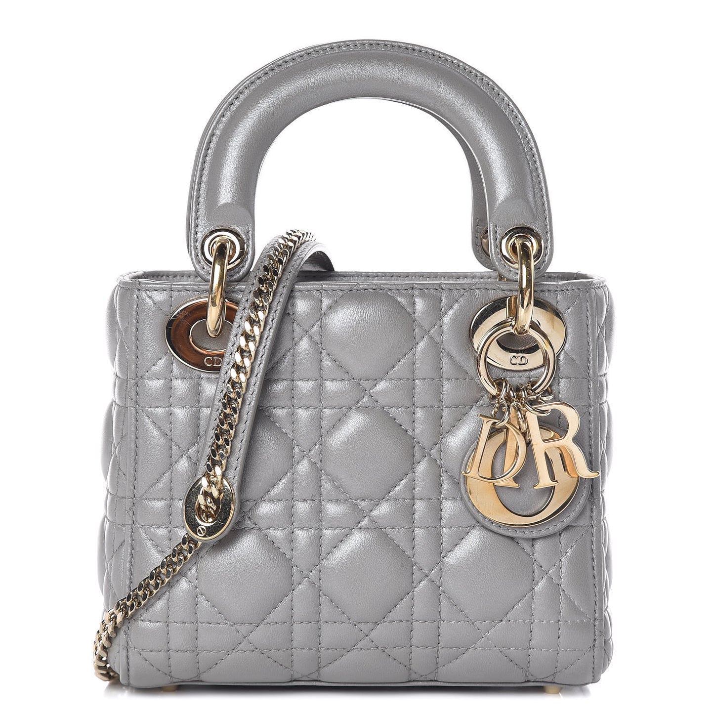 Metallic Lambskin Cannage Mini Lady Dior Grey