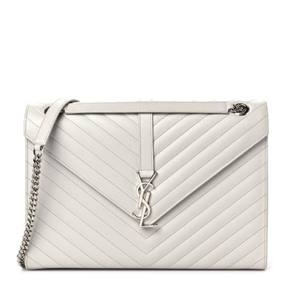 Saint Laurent Grain De Poudre Matelasse Chevron Large Monogram Satchel Light Grey 1 of 8