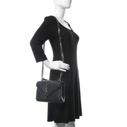 Saint Laurent Sheepskin Matelasse Chevron Monogram Medium College Bag Black 2 of 8