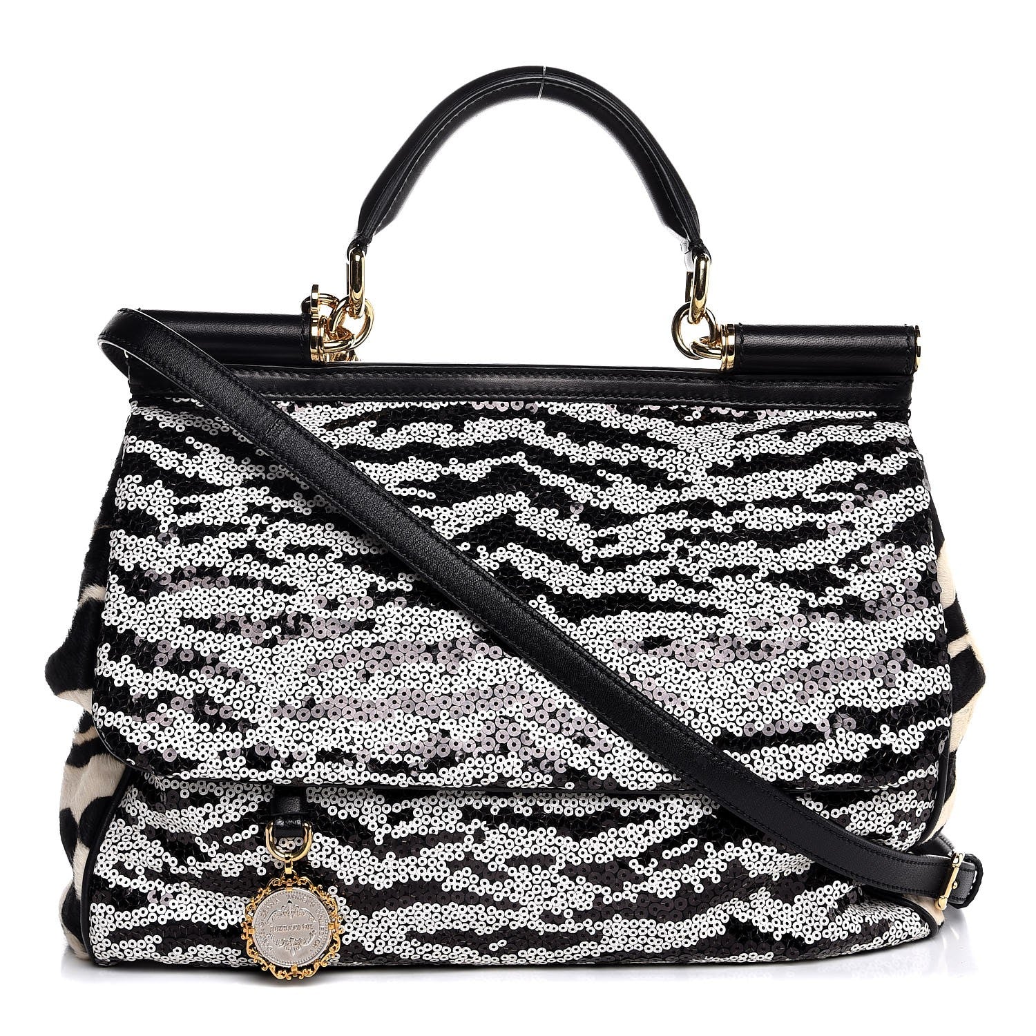 Dolce & Gabbana Calf Hair Sequin Large Miss Sicily Satchel Black White 1 of 8