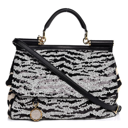 Dolce & Gabbana Calf Hair Sequin Large Miss Sicily Satchel Black White 1 of 8