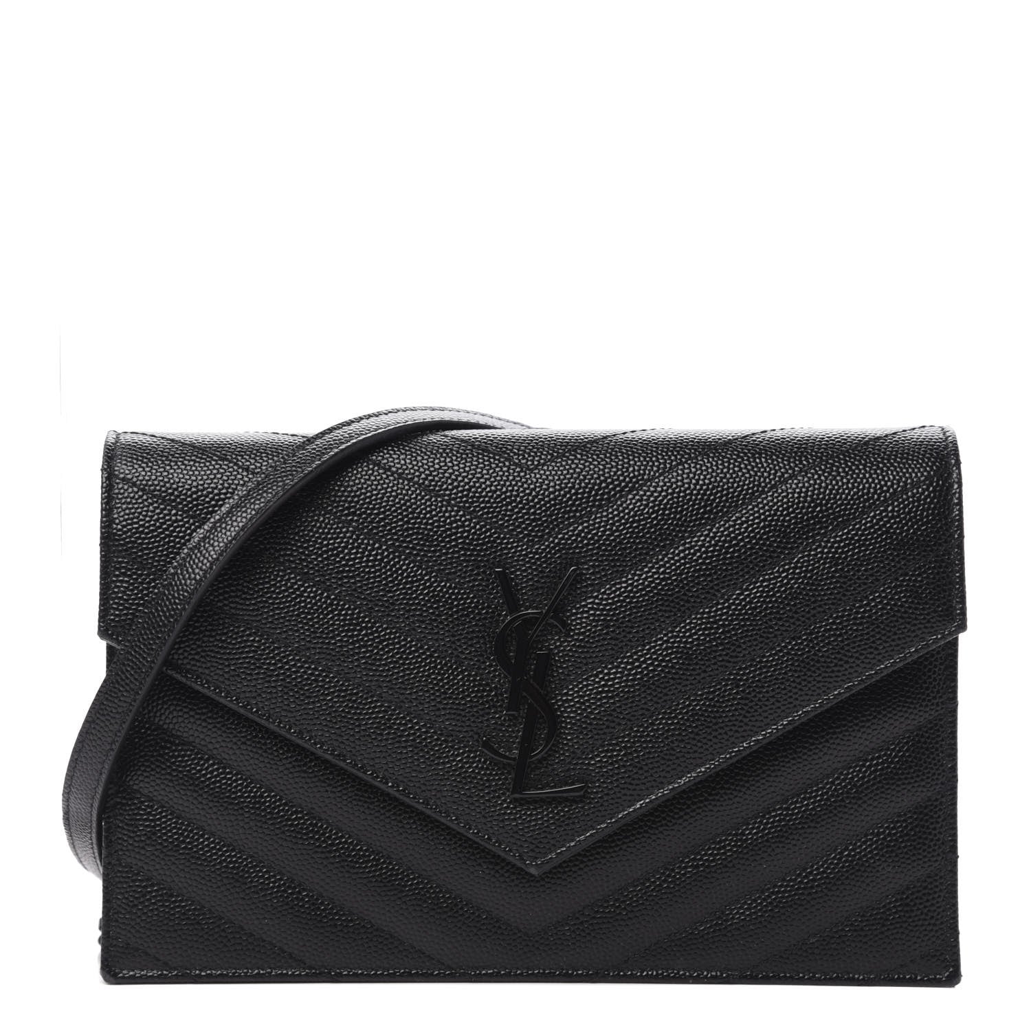 Saint Laurent Grain De Poudre Matelasse Chevron Monogram Envelope Chain Wallet Black 1 of 10