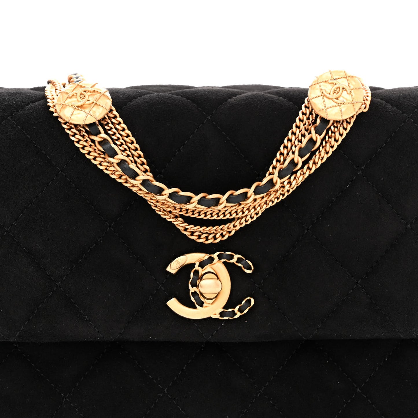Suede Quilted Mini Medallion Multi Chain Flap Black