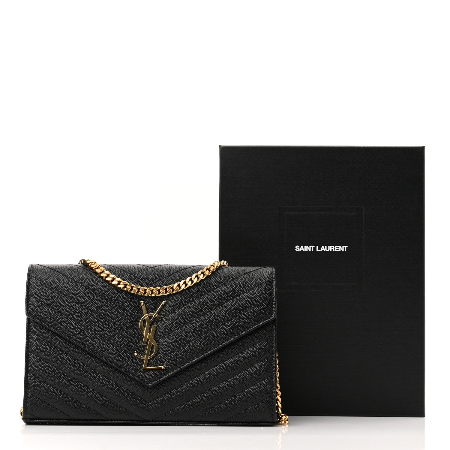 Saint Laurent Grain De Poudre Matelasse Chevron Monogram Chain Wallet Black 10 of 10