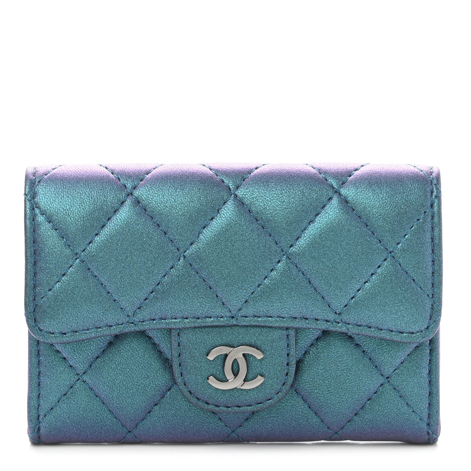 Chanel Iridescent Lambskin Quilted Flap Card Holder Turquoise 1 of 9